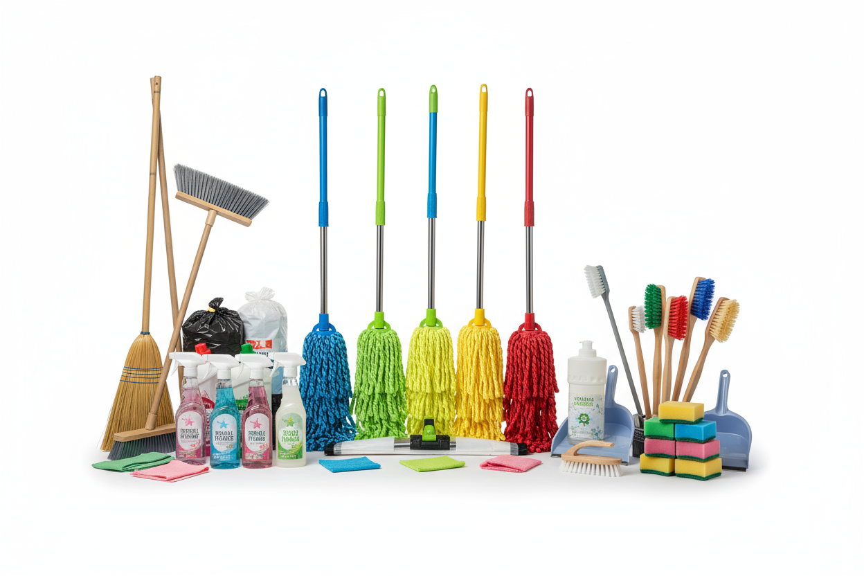 add mops , brooms, trash bags, cleaning supplies, brushes, disinfected